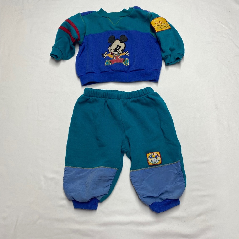 Vintage Baby Mickey & Co Teal Blue Colorblock Sweatshirt Pants Set 12M Disney
